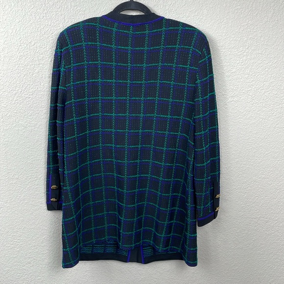 SOLD St John Signature Santana Knit Longline Cardigan Sweater Plaid Quiet Lux L - Picture 2 of 9